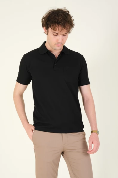 Erkek Dokulu Cepli Polo Yaka T-Shirt Siyah - 4