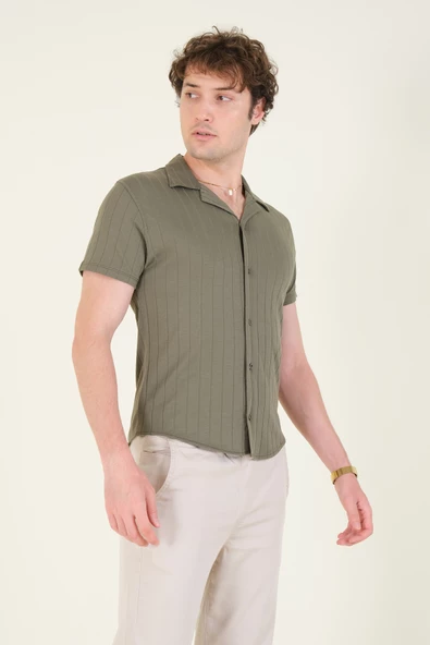 Erkek Gömlek Yaka Düğmeli Penye Gömlek Haki - 2