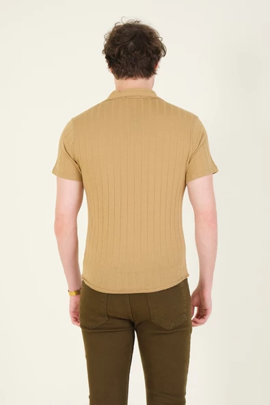 Erkek Gömlek Yaka Düğmeli Penye Gömlek Camel - 6