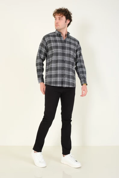 Erkek Tek Cep Ekose Desenli Kışlık Gömlek Antrasit - 6