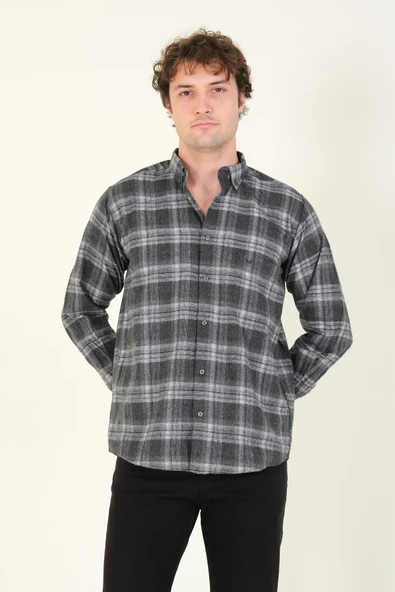 Erkek Tek Cep Ekose Desenli Kışlık Gömlek Antrasit - 3