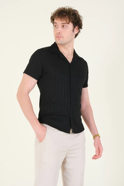 Erkek Gömlek Yaka Düğmeli Penye Gömlek Siyah - 4