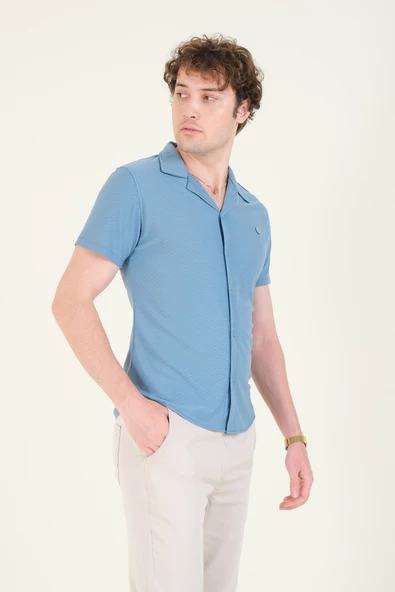 Erkek Gömlek Yaka Düğmeli Dokulu Penye Gömlek Su Yeşili - 2