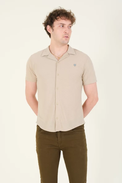 Erkek Gömlek Yaka Düğmeli Dokulu Penye Gömlek Vizon - 3