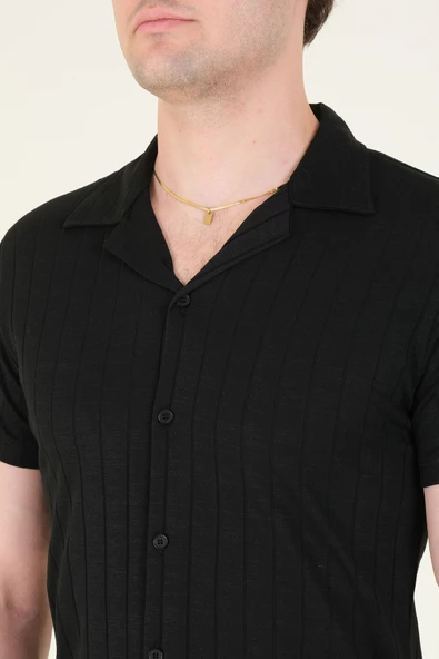 Erkek Gömlek Yaka Düğmeli Penye Gömlek Siyah - 6