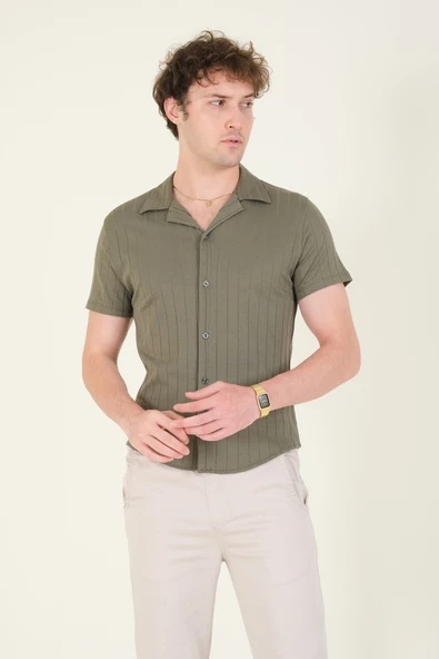 Erkek Gömlek Yaka Düğmeli Penye Gömlek Haki - 3