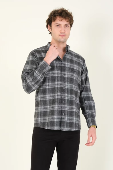 Erkek Tek Cep Ekose Desenli Kışlık Gömlek Antrasit - 2