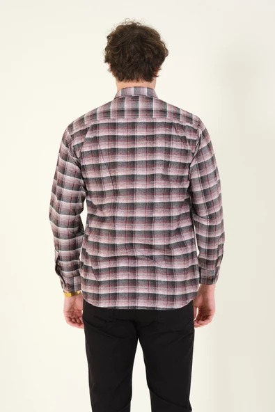 Erkek Tek Cep Ekose Desenli Kışlık Gömlek Kırmızı - 6