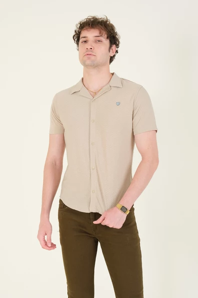 Erkek Gömlek Yaka Düğmeli Dokulu Penye Gömlek Vizon - 2