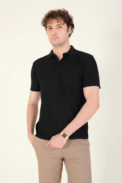 Erkek Dokulu Cepli Polo Yaka T-Shirt Siyah - 5