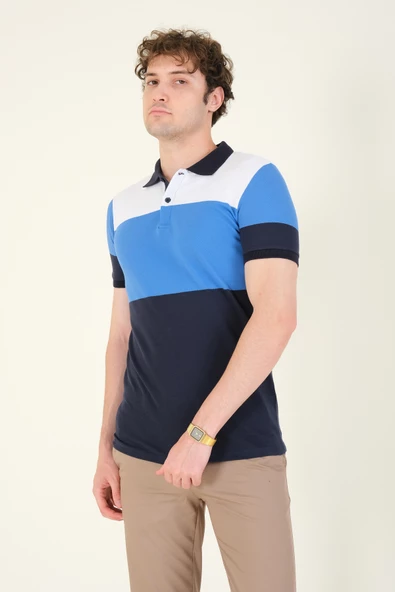 Erkek Üç Renkli Polo Yaka T-Shirt Lacivert - 5