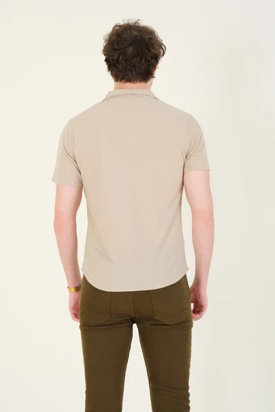 Erkek Gömlek Yaka Düğmeli Dokulu Penye Gömlek Vizon - 5