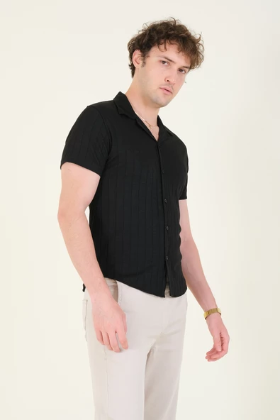 Erkek Gömlek Yaka Düğmeli Penye Gömlek Siyah - 2