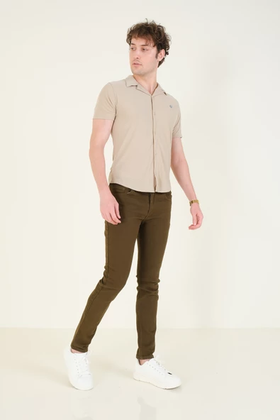 Erkek Gömlek Yaka Düğmeli Dokulu Penye Gömlek Vizon - 4