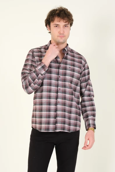 Erkek Tek Cep Ekose Desenli Kışlık Gömlek Kırmızı - 3