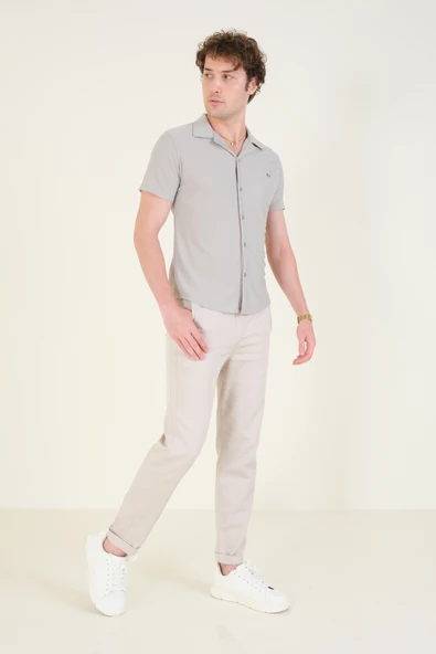 Erkek Gömlek Yaka Düğmeli Dokulu Penye Gömlek Gri - 4
