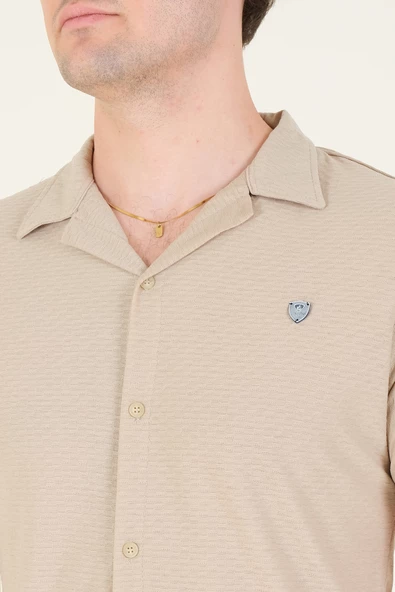 Erkek Gömlek Yaka Düğmeli Dokulu Penye Gömlek Vizon - 6