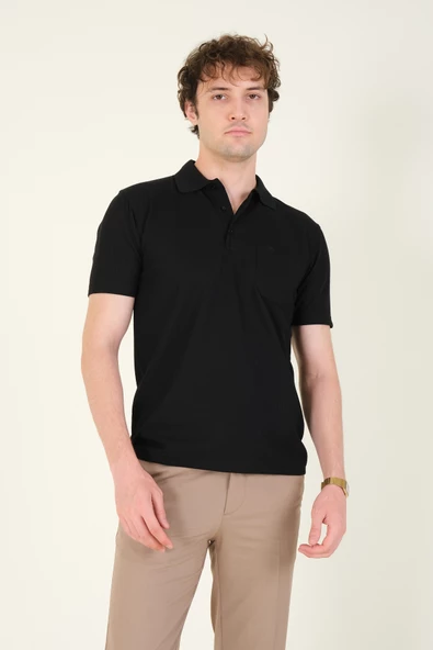 Erkek Dokulu Cepli Polo Yaka T-Shirt Siyah