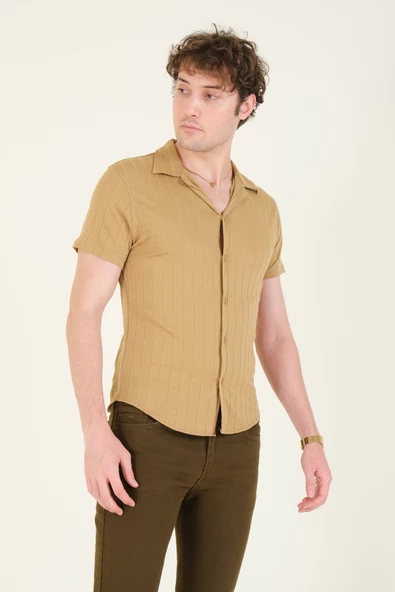 Erkek Gömlek Yaka Düğmeli Penye Gömlek Camel - 2
