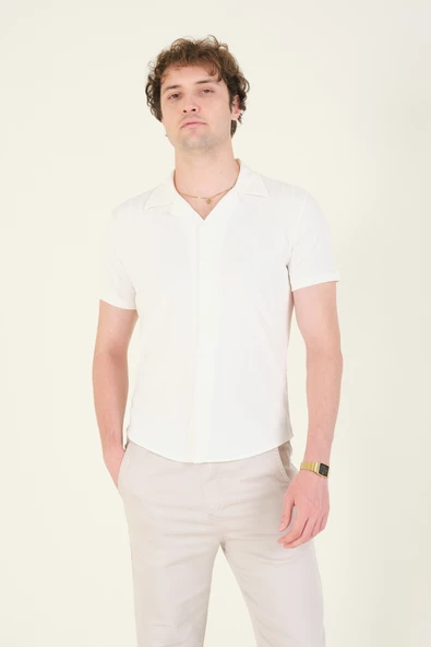 Erkek Gömlek Yaka Düğmeli Penye Gömlek  Ekru