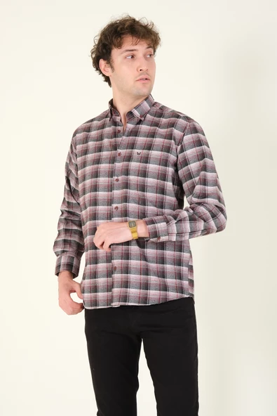 Erkek Tek Cep Ekose Desenli Kışlık Gömlek Kırmızı - 2