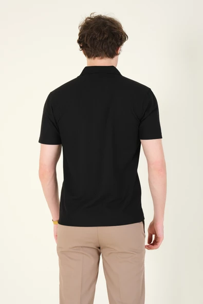 Erkek Dokulu Cepli Polo Yaka T-Shirt Siyah - 6