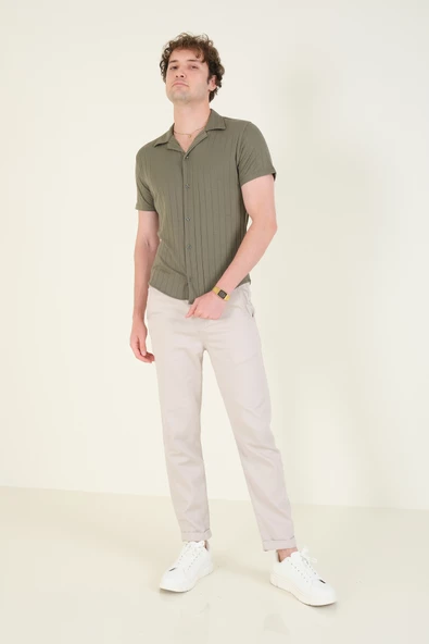 Erkek Gömlek Yaka Düğmeli Penye Gömlek Haki - 5