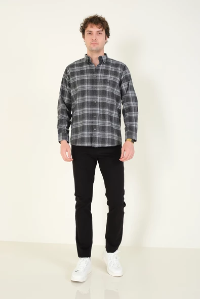 Erkek Tek Cep Ekose Desenli Kışlık Gömlek Antrasit - 5