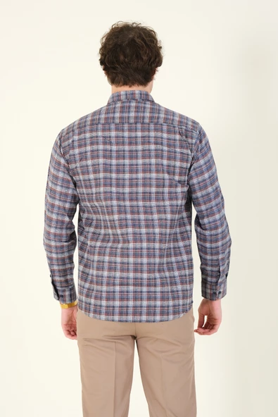 Erkek Tek Cep Ekose Desenli Kışlık Gömlek İndigo - 4