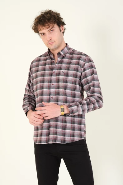 Erkek Tek Cep Ekose Desenli Kışlık Gömlek Kırmızı - 4