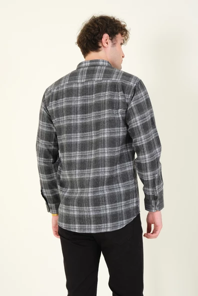 Erkek Tek Cep Ekose Desenli Kışlık Gömlek Antrasit - 4