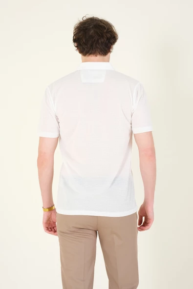 Erkek Jakarlı Cepli Polo Yaka T-Shirt Beyaz - 6