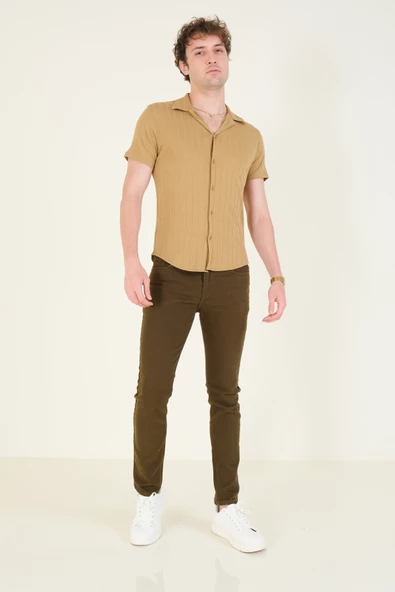 Erkek Gömlek Yaka Düğmeli Penye Gömlek Camel - 4