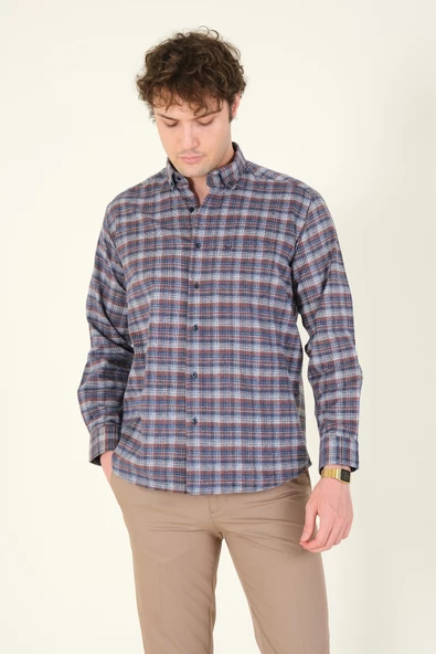 Erkek Tek Cep Ekose Desenli Kışlık Gömlek İndigo - 3