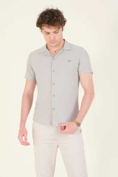 Erkek Gömlek Yaka Düğmeli Dokulu Penye Gömlek Gri - 3