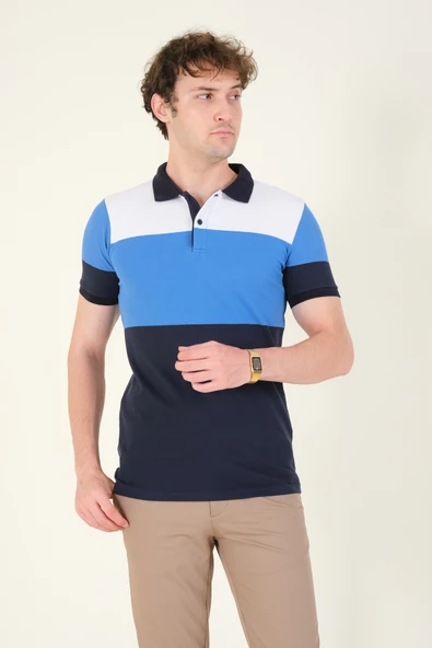 Erkek Üç Renkli Polo Yaka T-Shirt Lacivert - 2