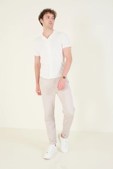 Erkek Gömlek Yaka Düğmeli Penye Gömlek  Ekru - 5