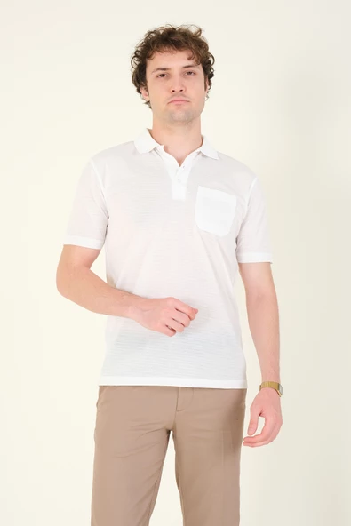 Erkek Jakarlı Cepli Polo Yaka T-Shirt Beyaz