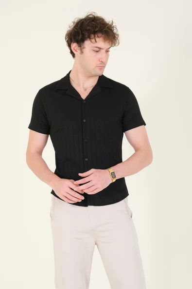 Erkek Gömlek Yaka Düğmeli Penye Gömlek Siyah - 3