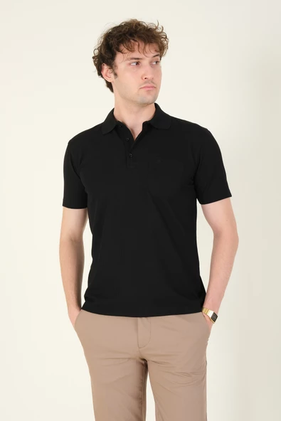 Erkek Dokulu Cepli Polo Yaka T-Shirt Siyah - 3