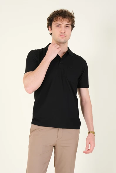 Erkek Dokulu Cepli Polo Yaka T-Shirt Siyah - 2