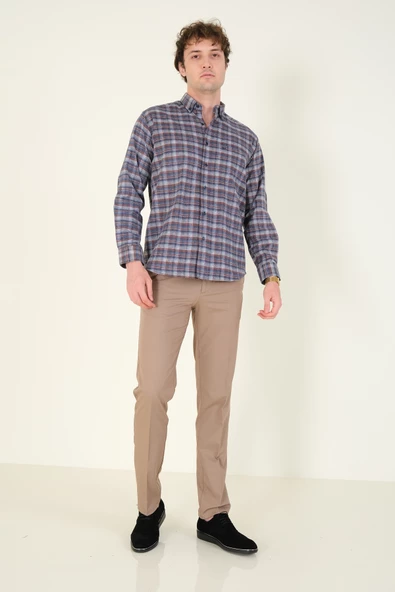 Erkek Tek Cep Ekose Desenli Kışlık Gömlek İndigo - 6