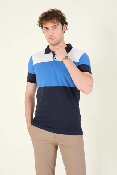Erkek Üç Renkli Polo Yaka T-Shirt Lacivert - 4