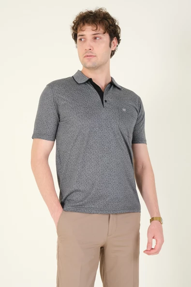 Erkek Desenli Cepli Polo Yaka T-Shirt Siyah