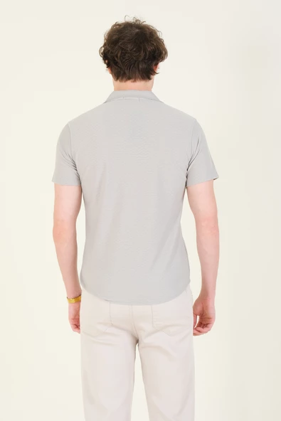 Erkek Gömlek Yaka Düğmeli Dokulu Penye Gömlek Gri - 5