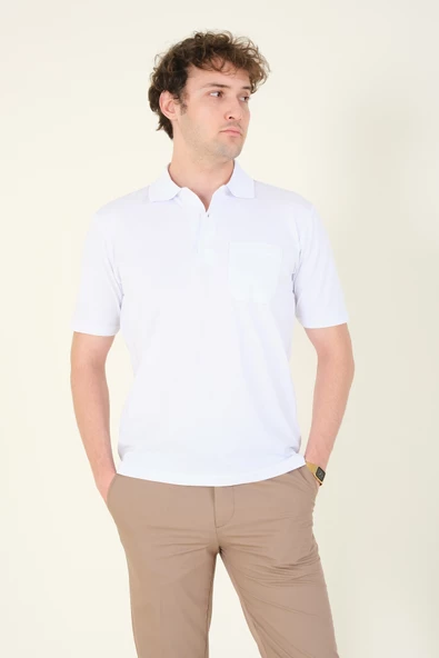 Erkek Süprem Kumaş Cepli Polo Yaka T-Shirt Beyaz - 3
