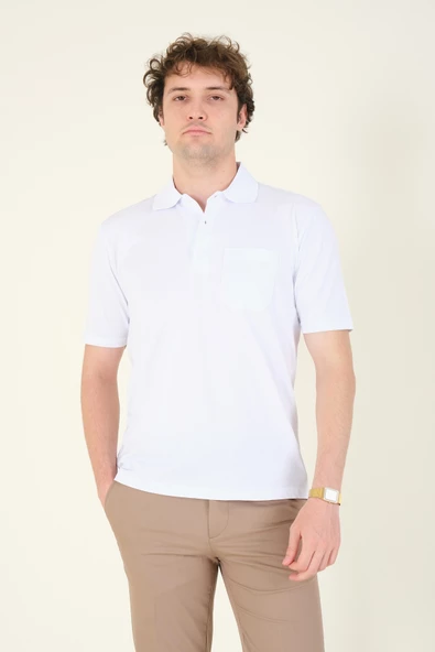 Erkek Süprem Kumaş Cepli Polo Yaka T-Shirt Beyaz
