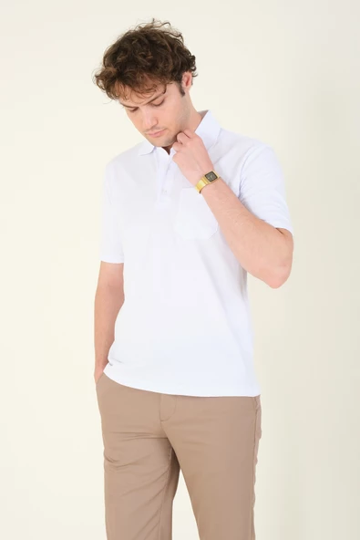 Erkek Süprem Kumaş Cepli Polo Yaka T-Shirt Beyaz - 2