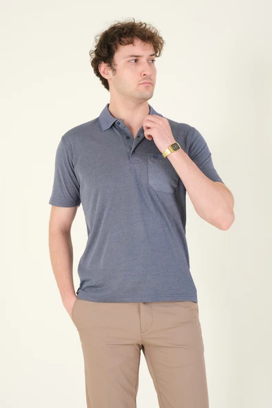 Erkek Polo Yaka Cepli T-Shirt İndigo - 3