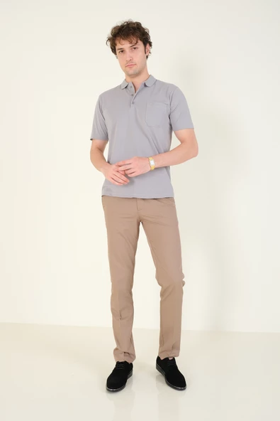 Erkek Süprem Kumaş Cepli Polo Yaka T-Shirt Gri - 5